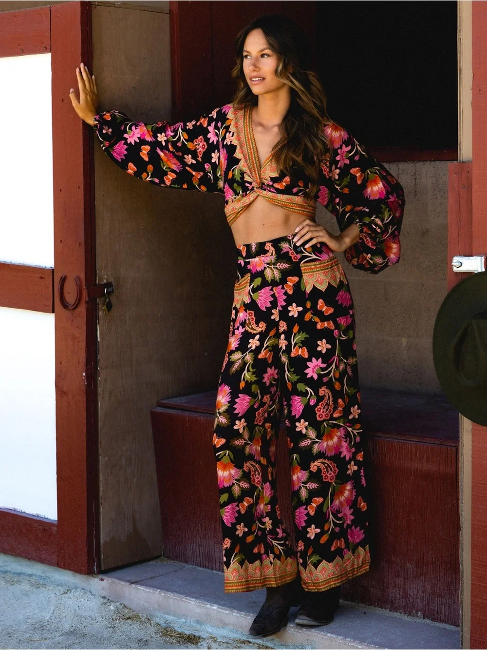 Z&L Europe Raya Viscose Floral Wide-Leg Pants & Crop Long Sleeve Top SET NWT